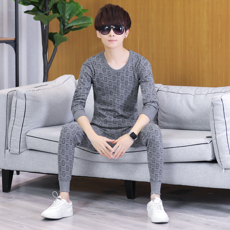 Fever pants suit men's cotton round neck close-fitting shirt inner pants junior high school students thin bottoming autumn clothes sanitary pants