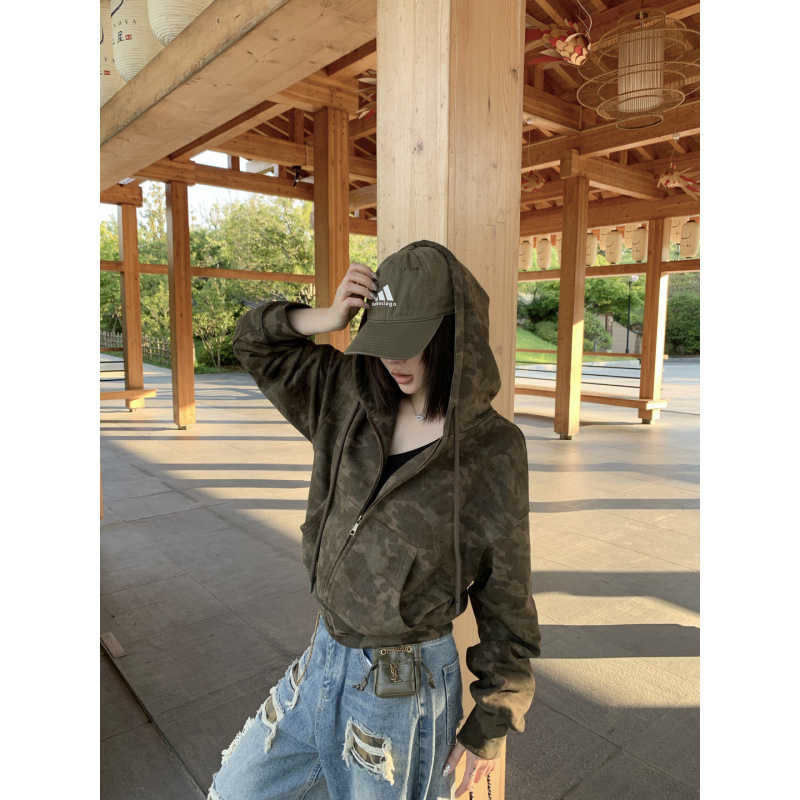 Ana Phora Wasteland-Style Vintage Camouflage Hooded Sweatshirt for Women, New Autumn Hot Girl Short Zip-Up Cardigan