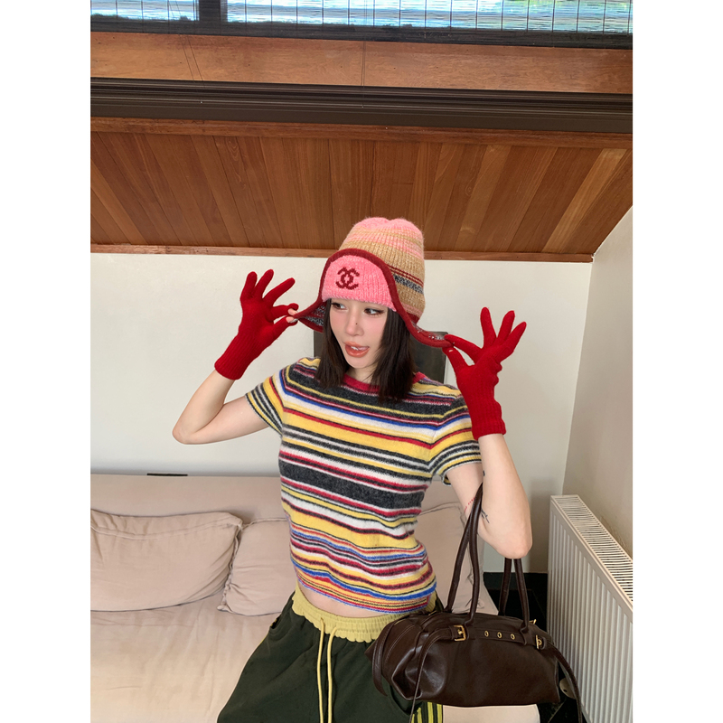 Ana Phora Colorful Striped Knitted Short Sleeve Women's Summer New Slim Fit Short Sweater T-Shirt Top Ana Phora Colorful Striped Knitted Short Sleeve Women's Summer New Slim Fit Short Sweater T-Shirt Top