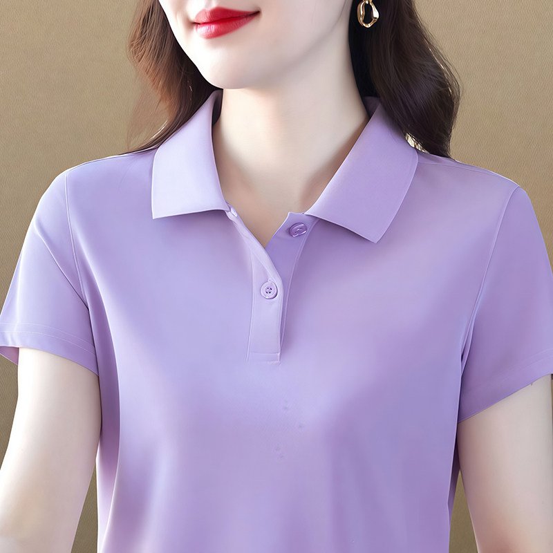 冰丝翻领短袖纯色t恤女夏季大码中年妈妈带领上衣显瘦速干polo衫
