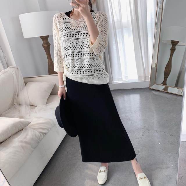 Dress 2024 Spring and Summer Style New Sling Fairy Long Skirt Hollow Knitted Sweater Slimming Thin Top Two-piece Set