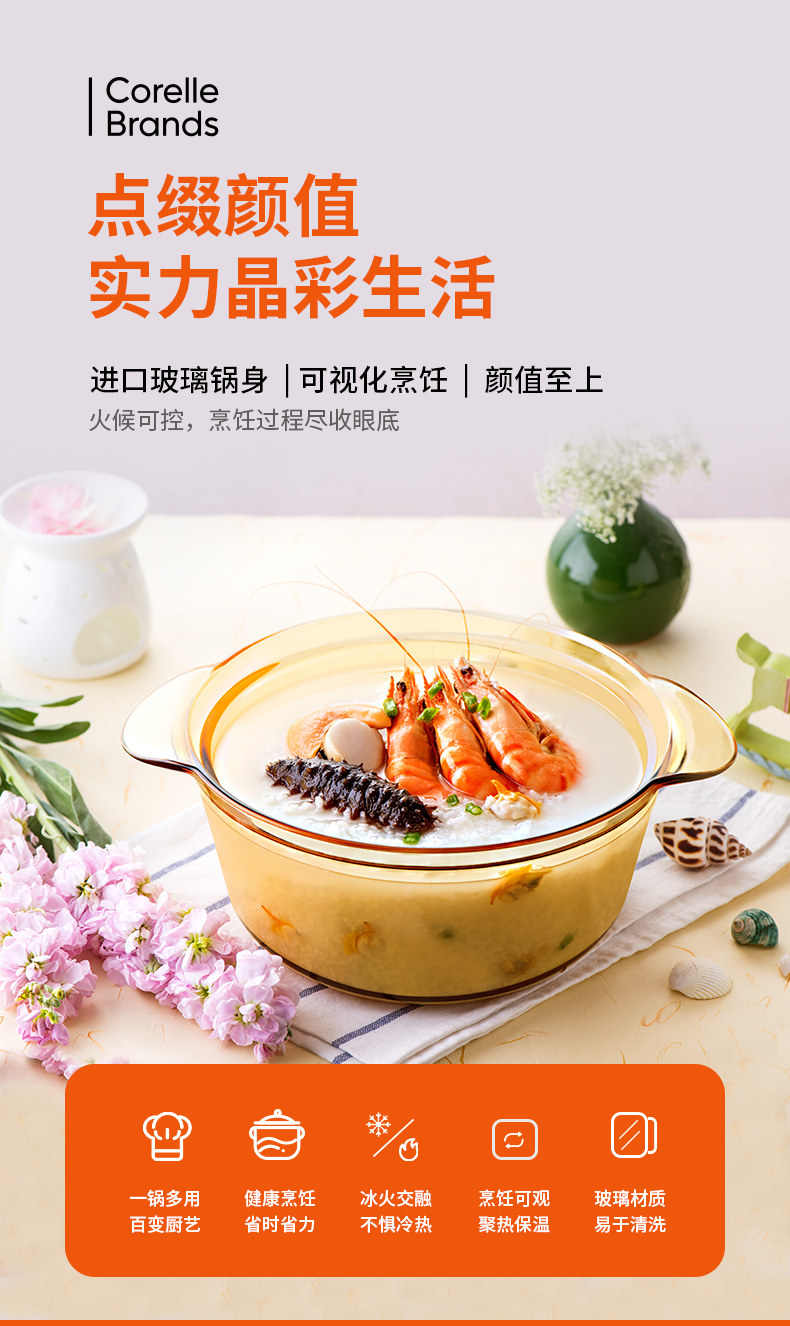 美国康宁 VISIONS晶彩 玻璃炖锅 3.2L+1.1L套组 图1