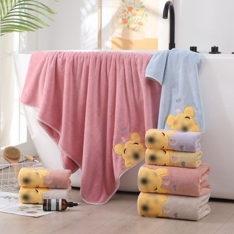 Coral Velvet Thickened Bath Towel Embroidered Winnie the Pooh Towel Bath Towel Set Household Face Towel Children's Cartoon Bath Towel