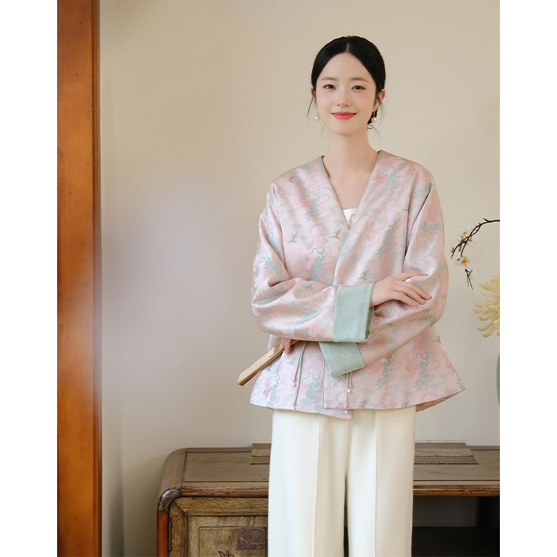 Mountain Colored Crane Pine Interorigin Original Innovative Chinese Coat Country Wind Powder Color Zen tea Jacquard Tray Button Improved Cotton Clothes-Taobao