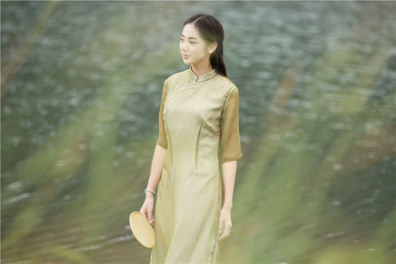 Qiuyue-Mountain màu cải tiến Áo dài Trung Quốc phong cách phụ nữ mới phục vụ văn học retro phục vụ trà sườn xám - Váy dài