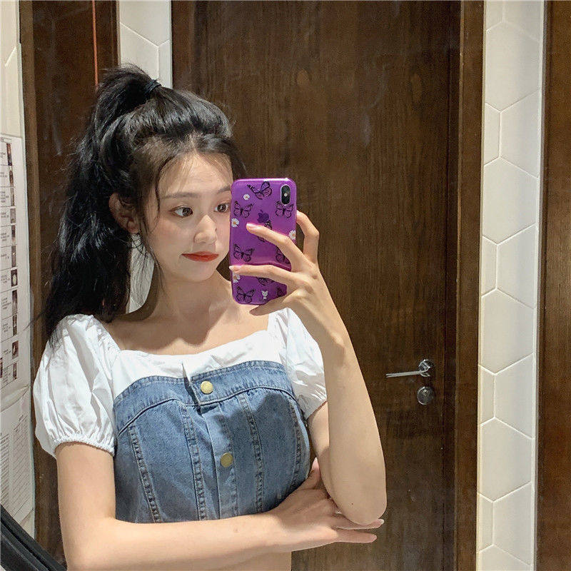 2021 Summer New Pint Style Retro Splicing Bubble Cuff slim fit Skinny Jeans Short shirt Ins female