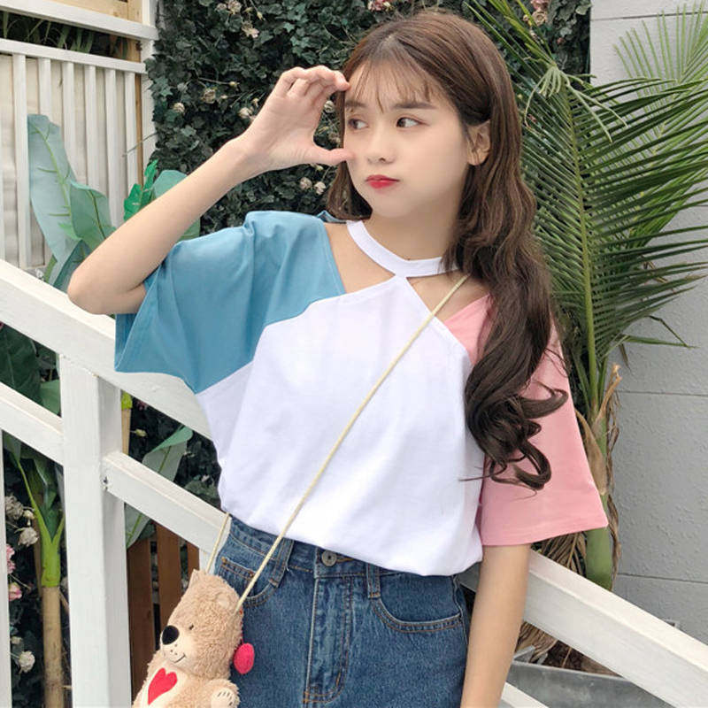 Short-sleeved T-shirt female student round neck off-shoulder mid-sleeve top loose student summer dress Harajuku bf wind collarbone top female
