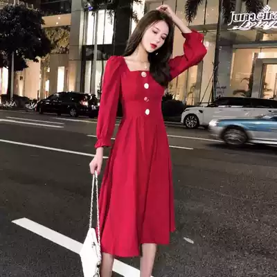 Spring and autumn skirt French temperament court style square collar red long sleeve dress waist slim goddess
