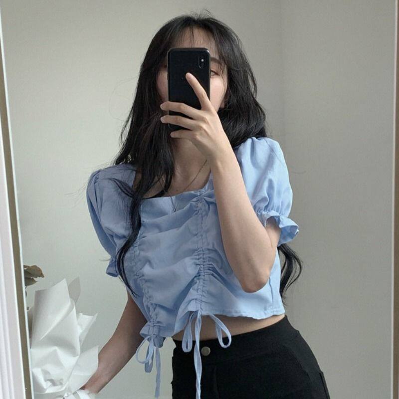 Summer Korean version Design Sensation Niche Shirt 100 hitch Rope Foam With a short Temperament Student Blouse