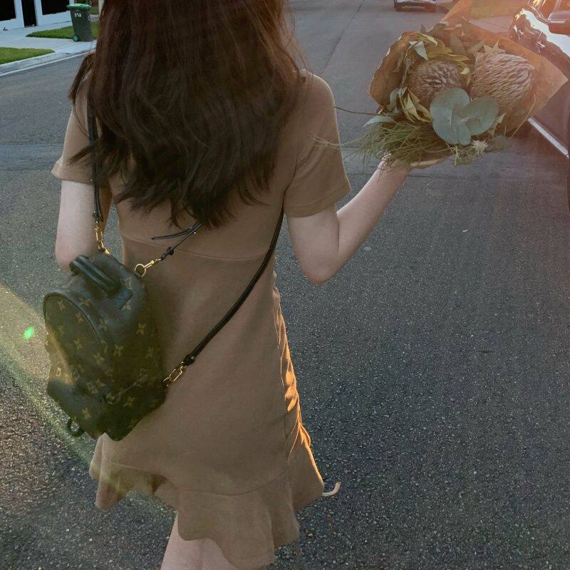 Slim-fit short-sleeved small dress women's 2021 new summer drawstring T-shirt skirt ruffled short skirt