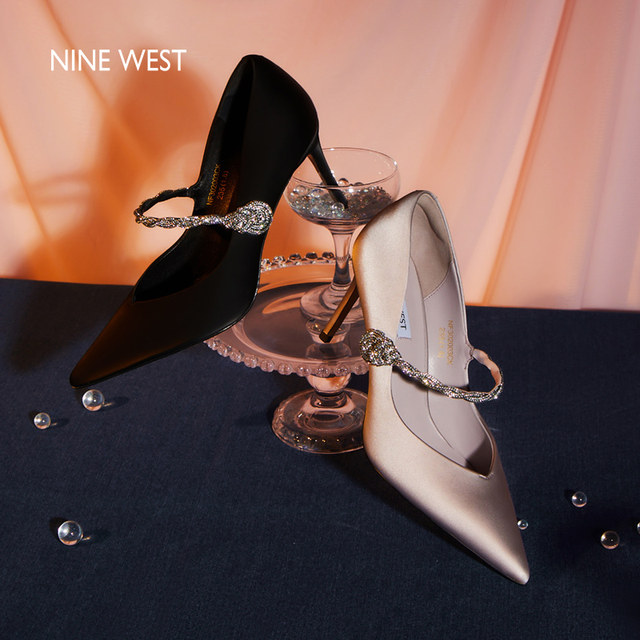 NineWest/9Xi Elegant High Heels Feminine Spring New One-Word Diamond Belt Satin Dress Shoes