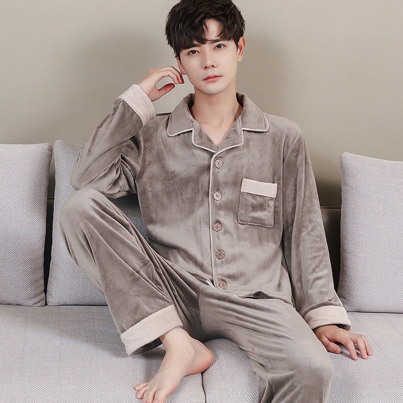 100% Pure Cotton Coral Fleece Long-Sleeved Thickened Warm Autumn and Winter Men's Pajama Set, Spring and Autumn Thin Fleece Island Fleece Can Be Worn Outside