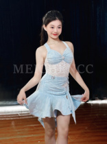 Meichen dance clothes summer new light blue denim Latin dance practice clothes split set art test training dance clothes