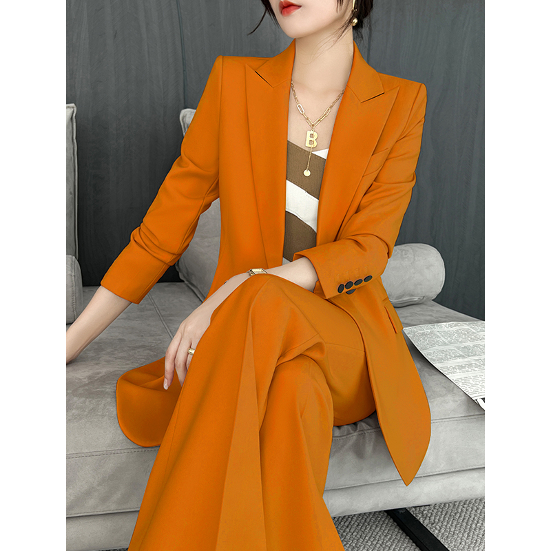 Women's Suit Set, Original Light Luxury Goddess Style, Elegant Waist-Cinching Korean Fashion, Orange Suit Two-Piece Set for Spring and Autumn