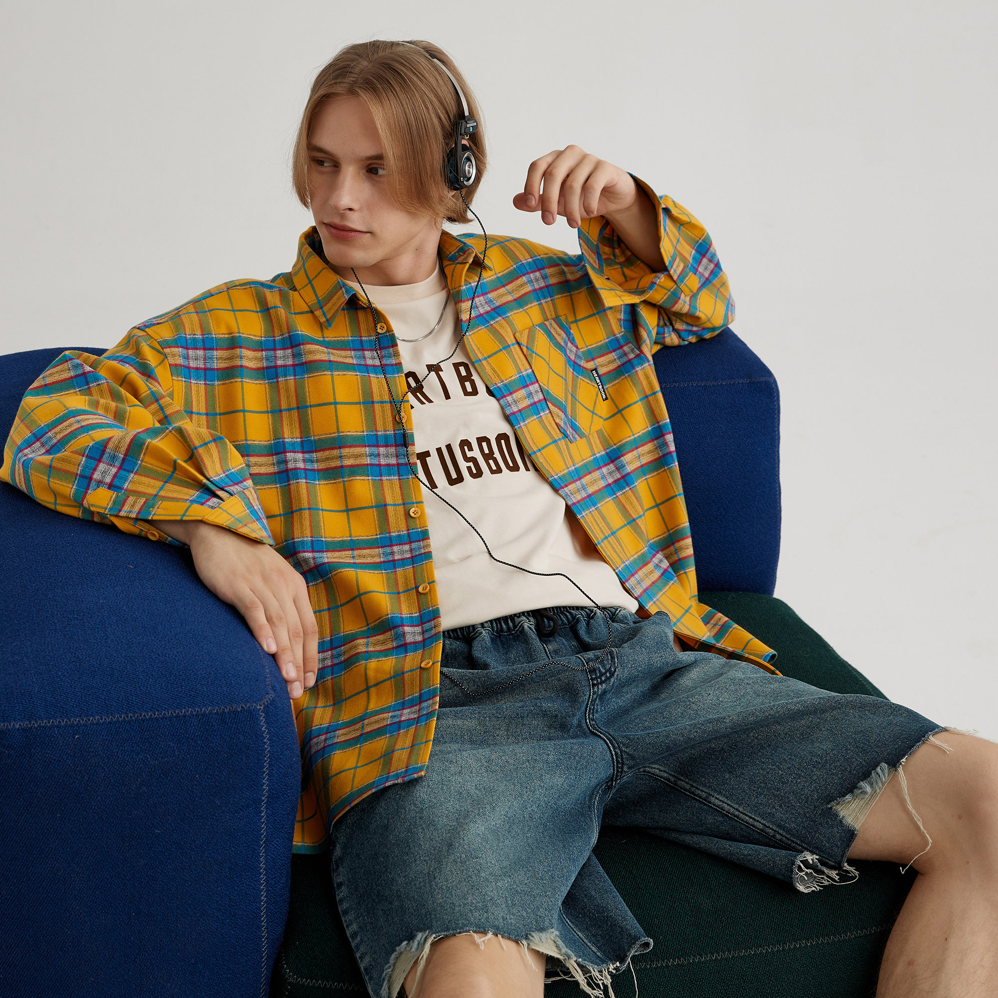 HeartBoon Autumn Yellow Plaid Long Sleeve Shirt American Comeback Lovers Casual Coats Men And Women Boomers-Taobao