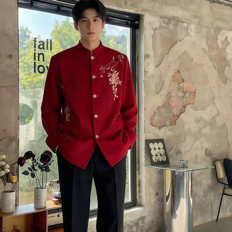 New Chinese-Style Red Stand-Collar Zhongshan Suit for Men, Spring and Autumn Embroidered Adult Ceremony Wedding Engagement Formal Attire, Traditional Chinese Style Jacket New Chinese-Style Red Stand-Collar Zhongshan Suit for Men, Spring and Autumn Embroidered Adult Ceremony Wedding Engagement Formal Attire, Traditional Chinese Style Jacket