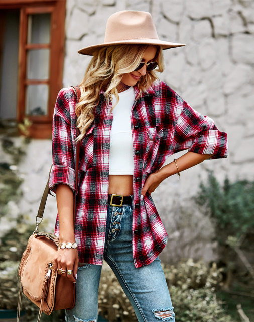 Plaidshirtautumnwomen2023versatilefashiontopblouse