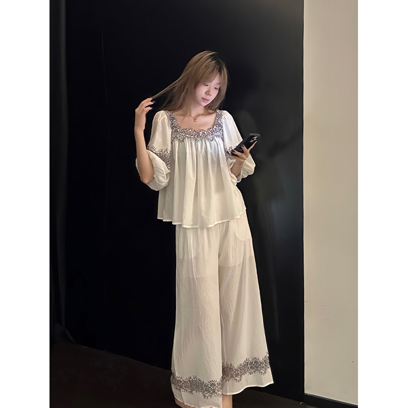 French Palace Style Lace Short-Sleeved Pajamas for Women, New Summer Style, Super Soft, Loose Trousers, Home Wear Set