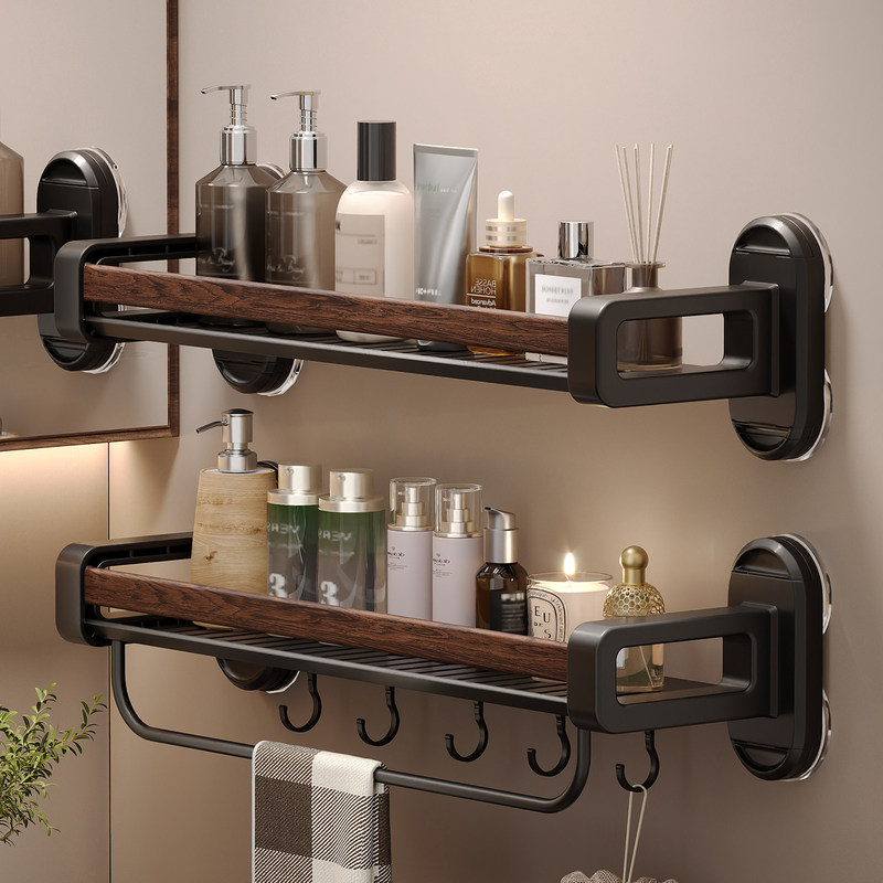 British Hoinvaet Walnut Suction Cup Bathroom Storage Rack, No-Drill Wall-Mounted Washbasin Storage Rack