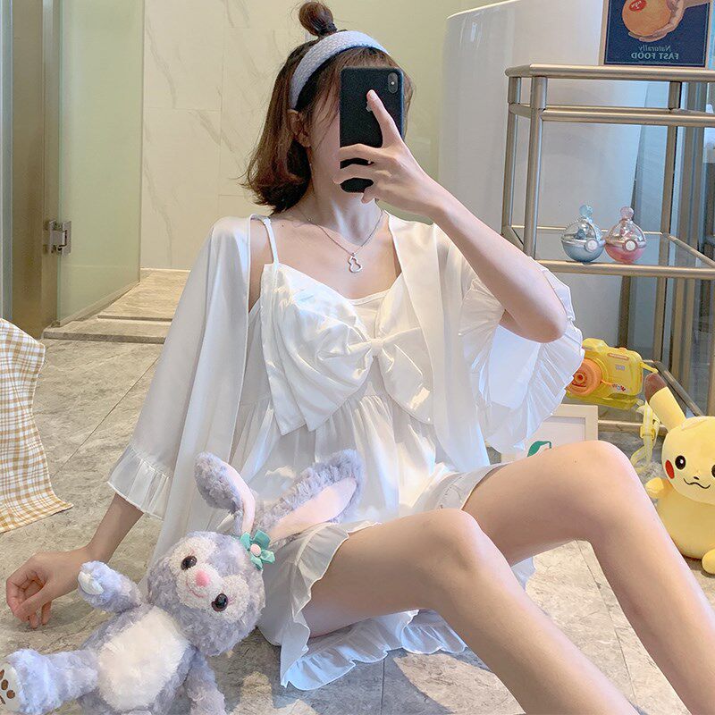 Angelina zl suspender pajamas women summer ice silk 2021 new sexy silk loungewear three-piece set