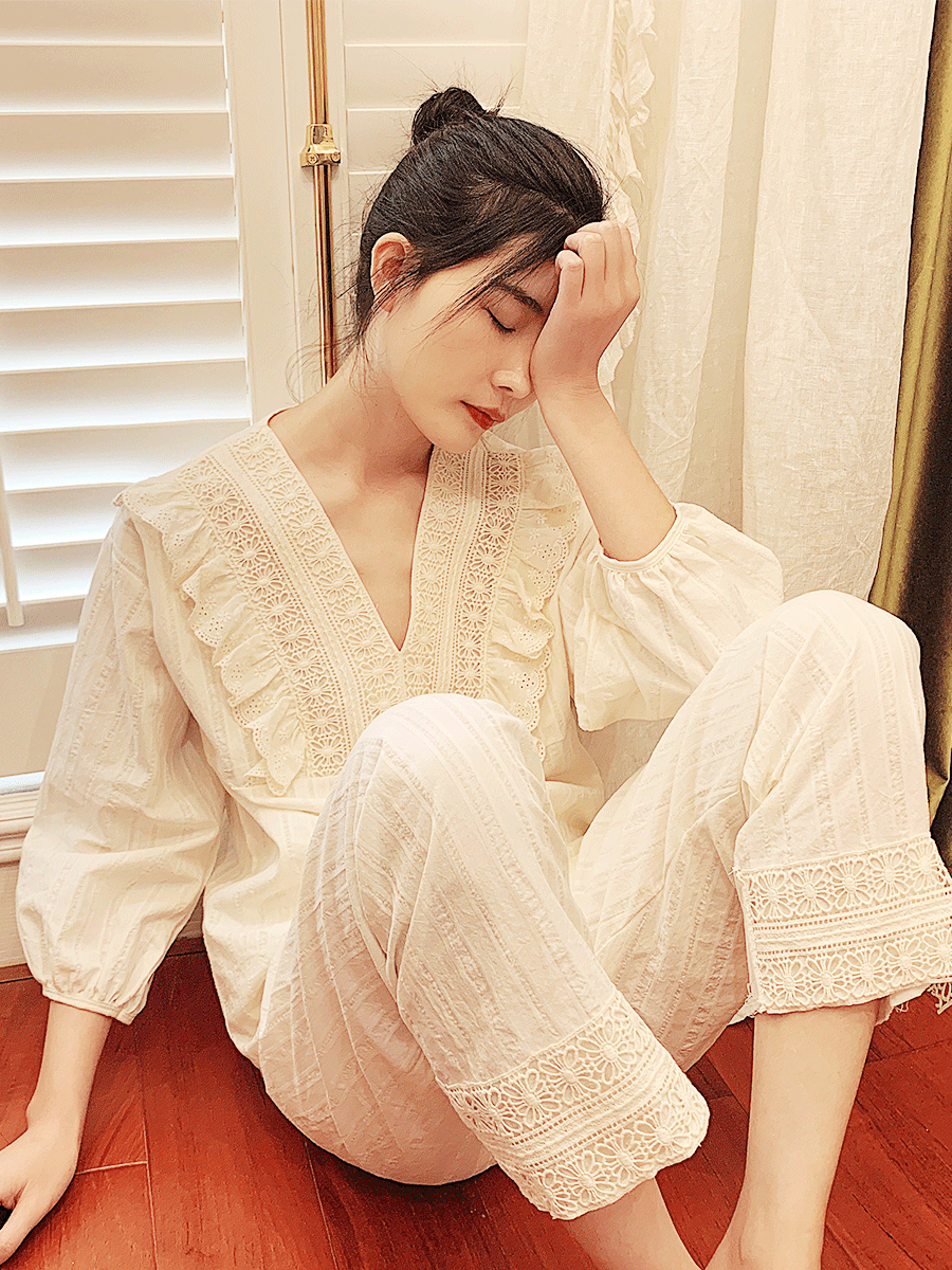 Angelina zl palace pajamas women's summer pure cotton sweet princess style cotton edge home service two-piece set