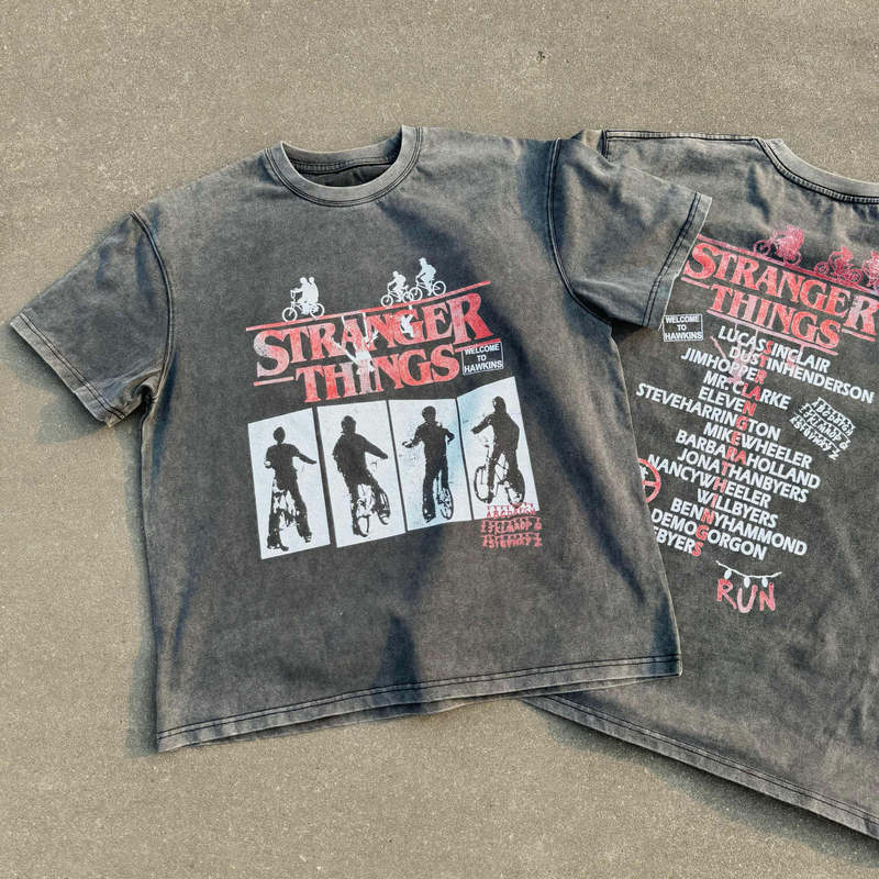 Dert Stranger Things Small Neckline Vintage Washed Distressed Short-Sleeve T-Shirt Boxy Short and Wide, Does Not Deform