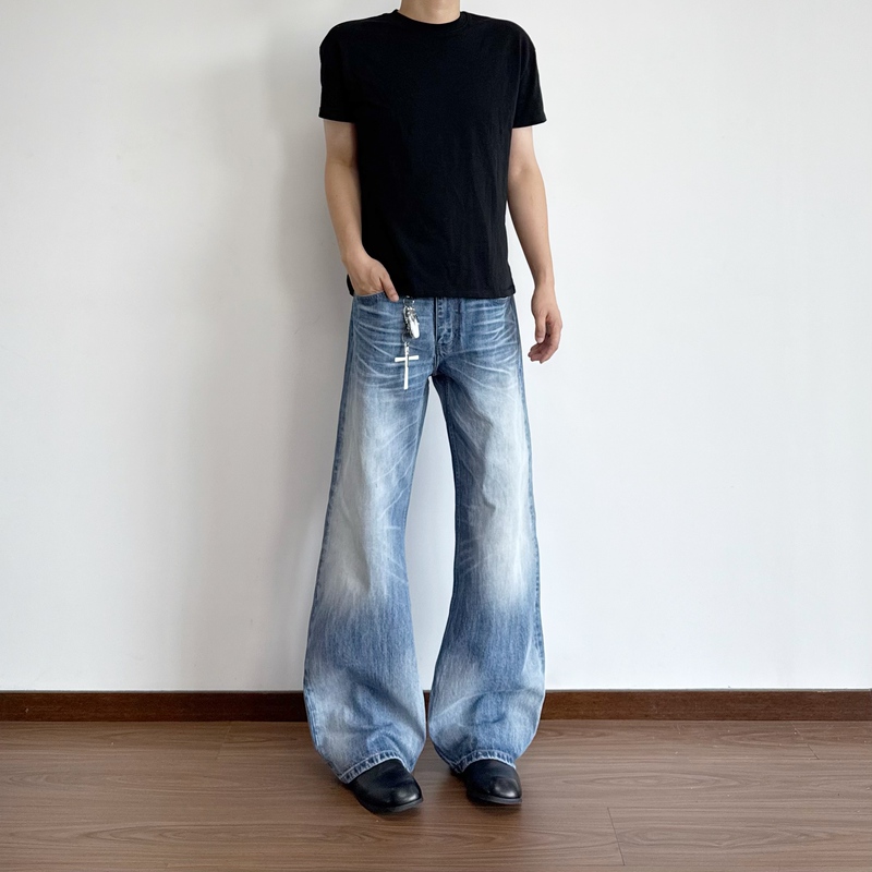 Mksn【Niu Wang Series】Morning Mist Blue 2021m Jeans Straight Leg Slightly Flared Ice Blue Heavyweight Cat Whiskers Ck1055