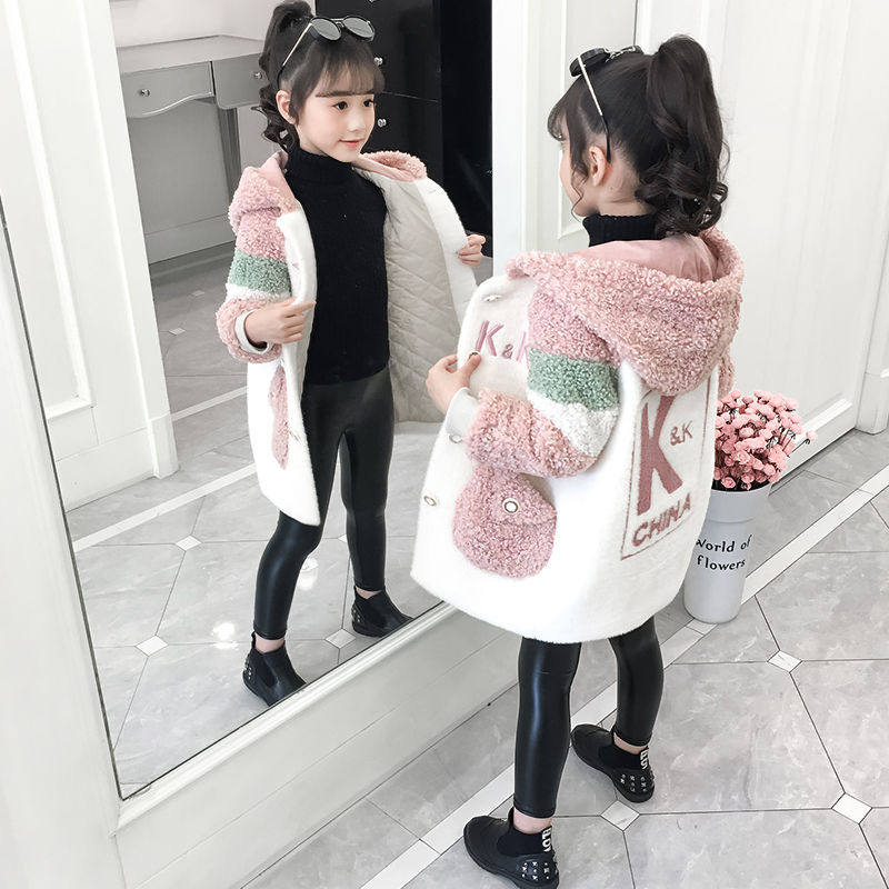 Girls' early spring thin velvet coat 2021 new spring and autumn foreign style children's Korean version medium and long version rabbit mink velvet net red coat