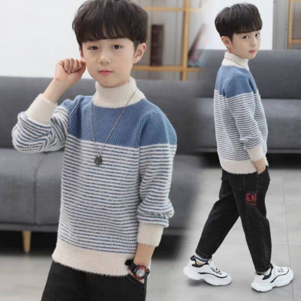 Boys Mink Fleece Winter Sweaters Children's Thin Bottoming Shirts Big Kids Plus Velvet Striped Spring and Autumn Knitwear
