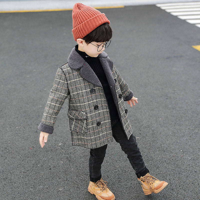 2022 boy woolen coat spring and autumn children's woolen coat early spring thin velvet western style plaid baby lamb velvet