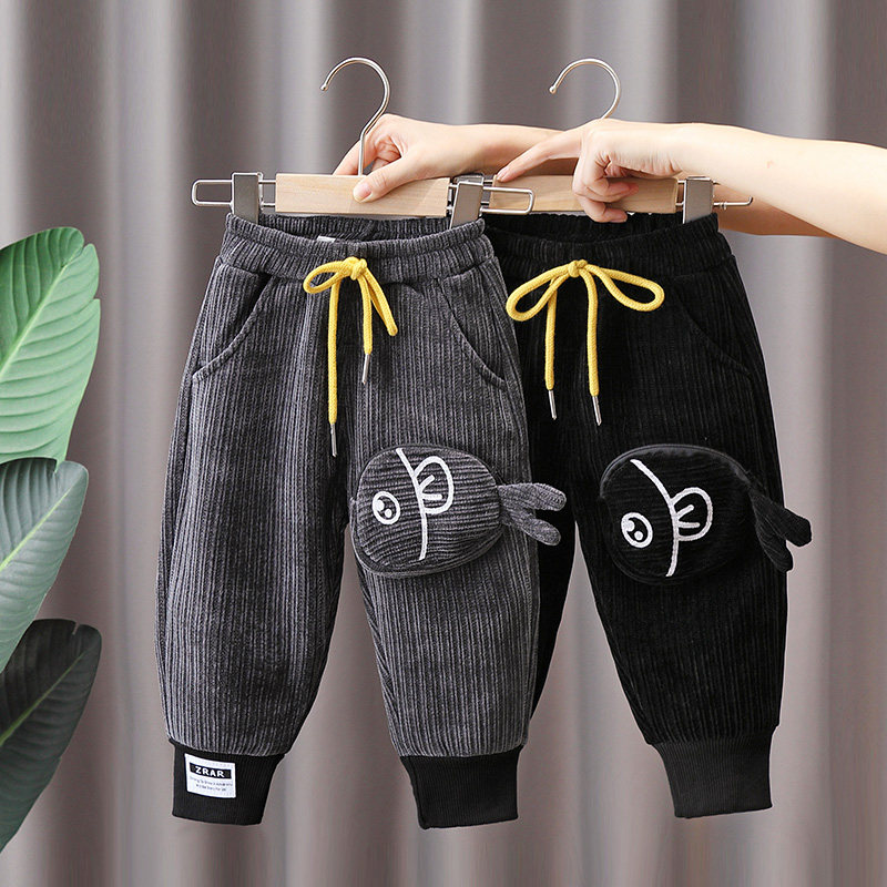Children's clothing boys' pants plus velvet autumn and winter clothing 2022 new baby winter trousers children's small fish corduroy pants