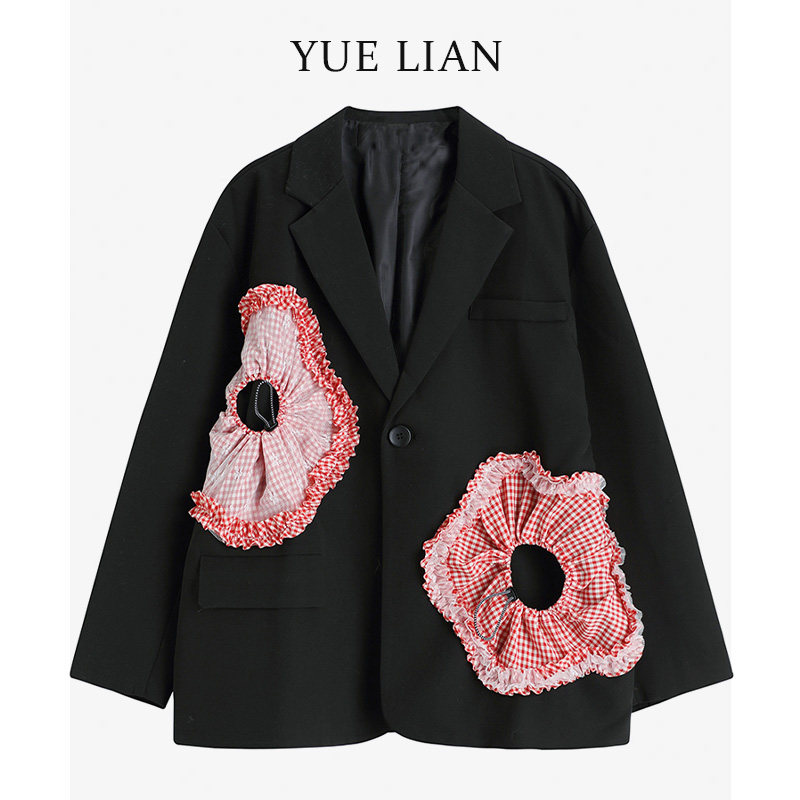 (Hong Kong Designer Brand) Suit Jacket Woman Superior Feel Fried Street Black Design Sensation Small Crowdsplicing Collision