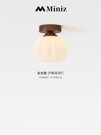 全光谱日式复古走廊过道吸顶灯南瓜入户玄关胡桃木纹护眼阳台灯