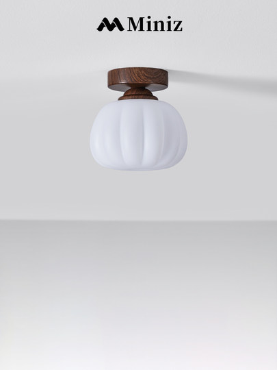 全光谱日式复古走廊过道吸顶灯南瓜入户玄关胡桃木纹护眼阳台灯