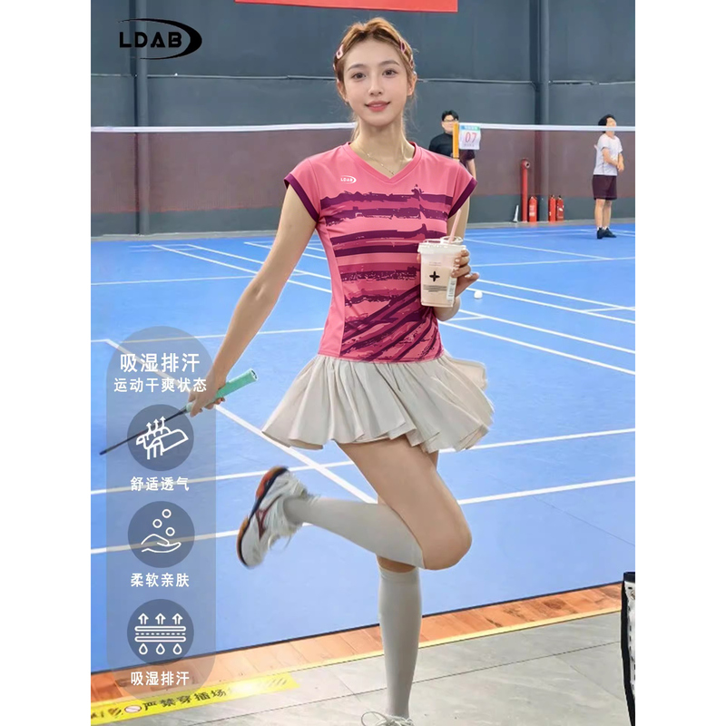 Ldab Super Stylish Pink Badminton Outfit Set for Women 2026 New Model Sweat-Absorbent Quick-Dry High-Appearance Competition Uniform Short Sleeve