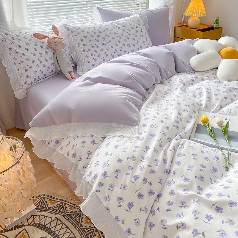 New lace lace Han version Bed Hat-in pure cotton Four-piece pure color washed cotton Girl Hearts Bed with Bed Dress