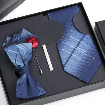 5-Piece Gift Set for Men, Wedding Groom Formal Wear, Business Burgundy Tie, Bow Tie, Pocket Square, Tie Clip, No Need to Tie