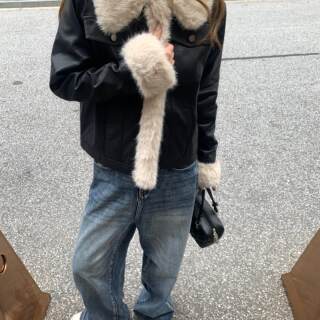 SUNIRIROR原创设计皮袄秋冬新款毛毛领黑色皮衣外套女高级感棉服