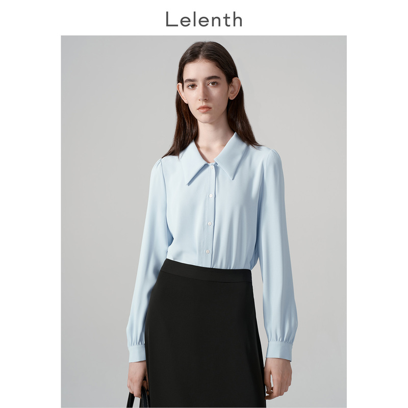 Lelenth Light Blue Large Pointed Collar Chiffon Shirt Women's French-Style Shirt Professional Commuting Interview Suit Top