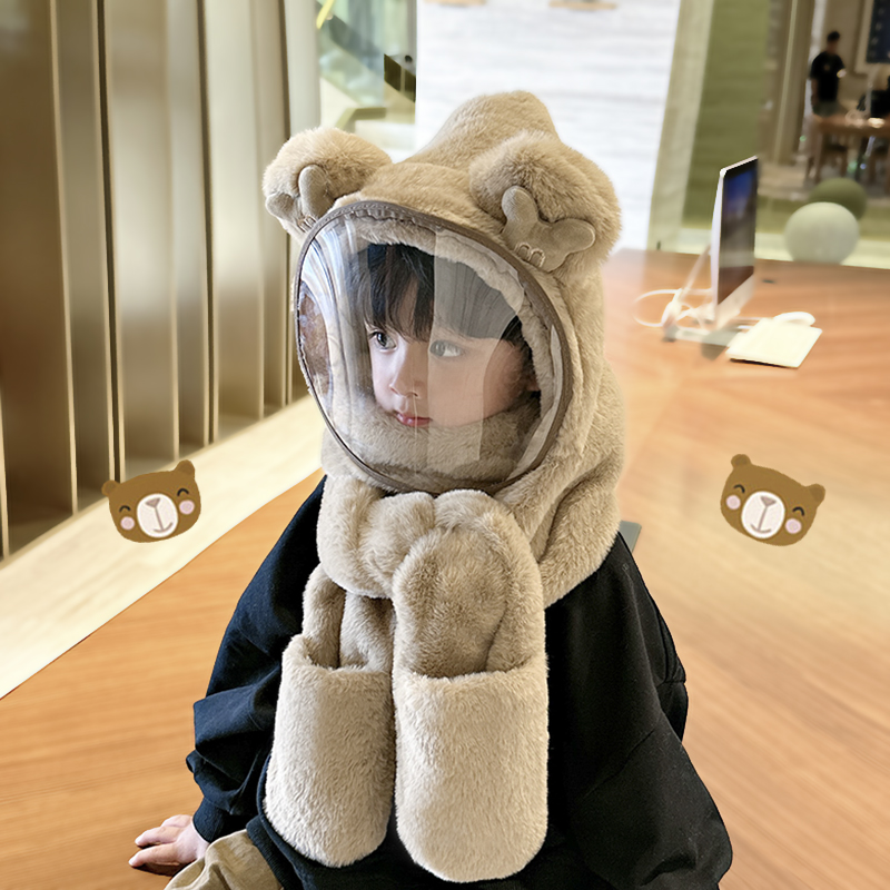 Baby hat winter riding warm plush hat male and female child protection mask children scarf gloves integrated cap windproof-Taobao