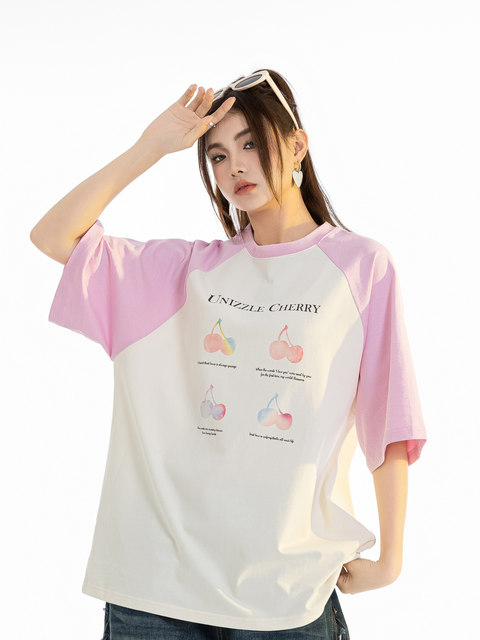 Unizzle丨ສີນ້ຳ gradient cherry raglan sleeves fresh and loose national fashion brand spring and summer round neck pure cotton-sleeved T-shirt