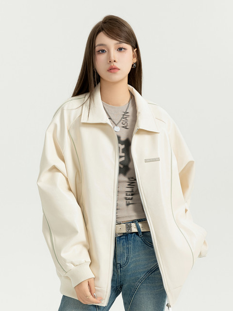 Unizzle丨Silver label lapel leather jacket PU leather casual loose jacket coat ຄົນອັບເດດ: ແຫ່ງຊາດຜູ້ຊາຍແລະແມ່ຍິງຄູ່ຜົວເມຍ