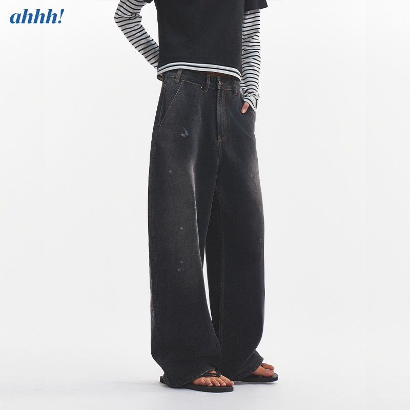 Ahhh【Same Style as Huang Duoduo】Vintage American-Style Washed and Faded Straight-Leg Jeans with Splatter Ink and Distressed Details for Women