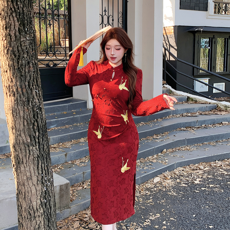 Plus-Size Women's Clothing, New Chinese-Style National Style Red Improved Cheongsam, Slimming Jacquard Dress for Chubby Women Plus-Size Women's Clothing, New Chinese-Style National Style Red Improved Cheongsam, Slimming Jacquard Dress for Chubby Women