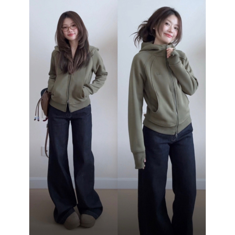 Gray Bean Green Color-Blocked Slim-Fit Zip-Up Hooded Sweatshirt for Women, New Autumn Basic Versatile Casual Cardigan Jacket Gray Bean Green Color-Blocked Slim-Fit Zip-Up Hooded Sweatshirt for Women, New Autumn Basic Versatile Casual Cardigan Jacket