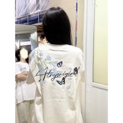 Blue Floral Letter Embroidered Short-Sleeve T-Shirt for Women, Summer Design, Niche American Retro, National Trend Brand, Pure Cotton Top
