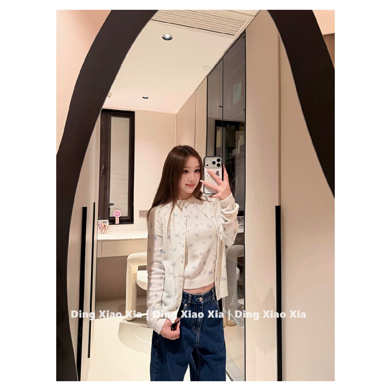 Korean-Style White Floral Knit Cardigan for Women, Autumn High-Fashion Layered Short-Sleeve Jacket Top Two-Piece Set