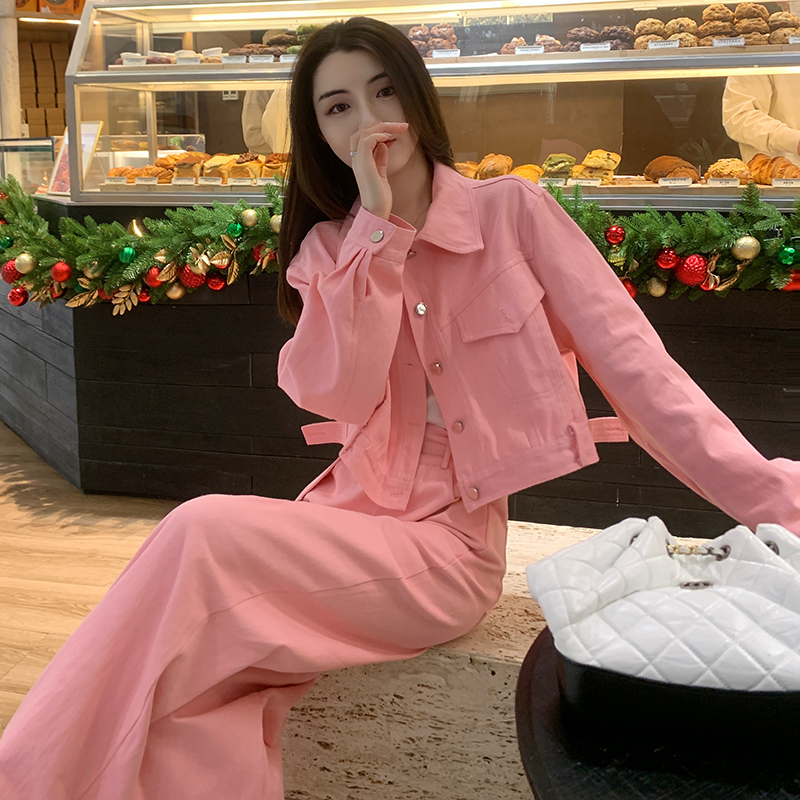Pink Korean Drama Style Outfit Internet Celebrity Set Women's Spring Clothing 2026 New High-End Casual Sports Wide-Leg Pants Two-Piece Set
