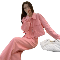 Pink Korean Drama Wearing Hitch Red Suit Womens Spring Dress 2024 New Advanced Senses Casual Sports Broadlegged Pants Two Sets