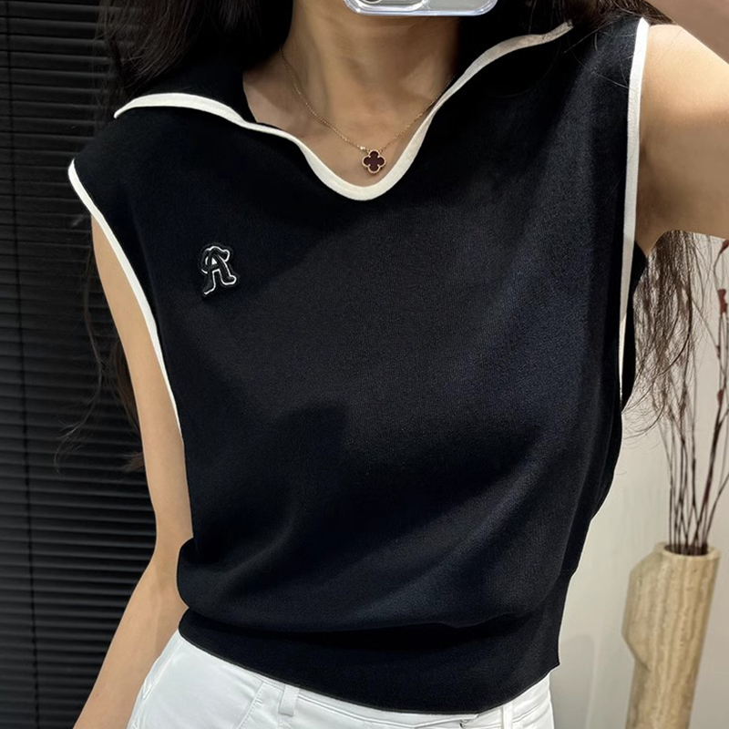 In Stock Ainosiya Genuine 2024 Summer Black and White Color-Block Sleeveless Vest Knit Top T-Shirt 40438122